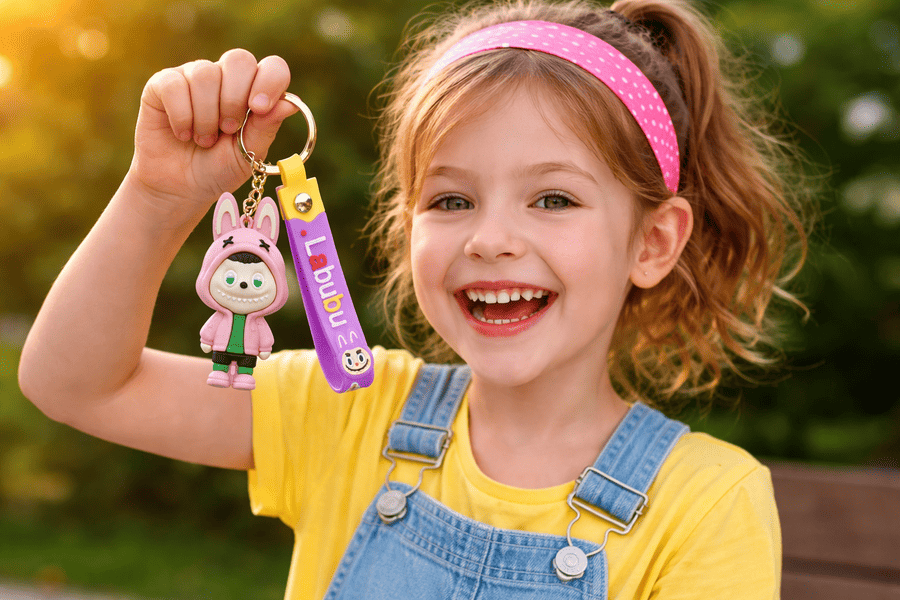 Radosná dievčina s Labubu kľúčenkou mk